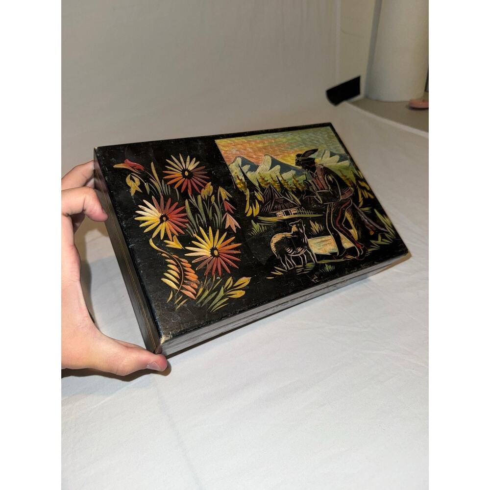Antique wooden sewing box or jewelry box with chip carving 1920s